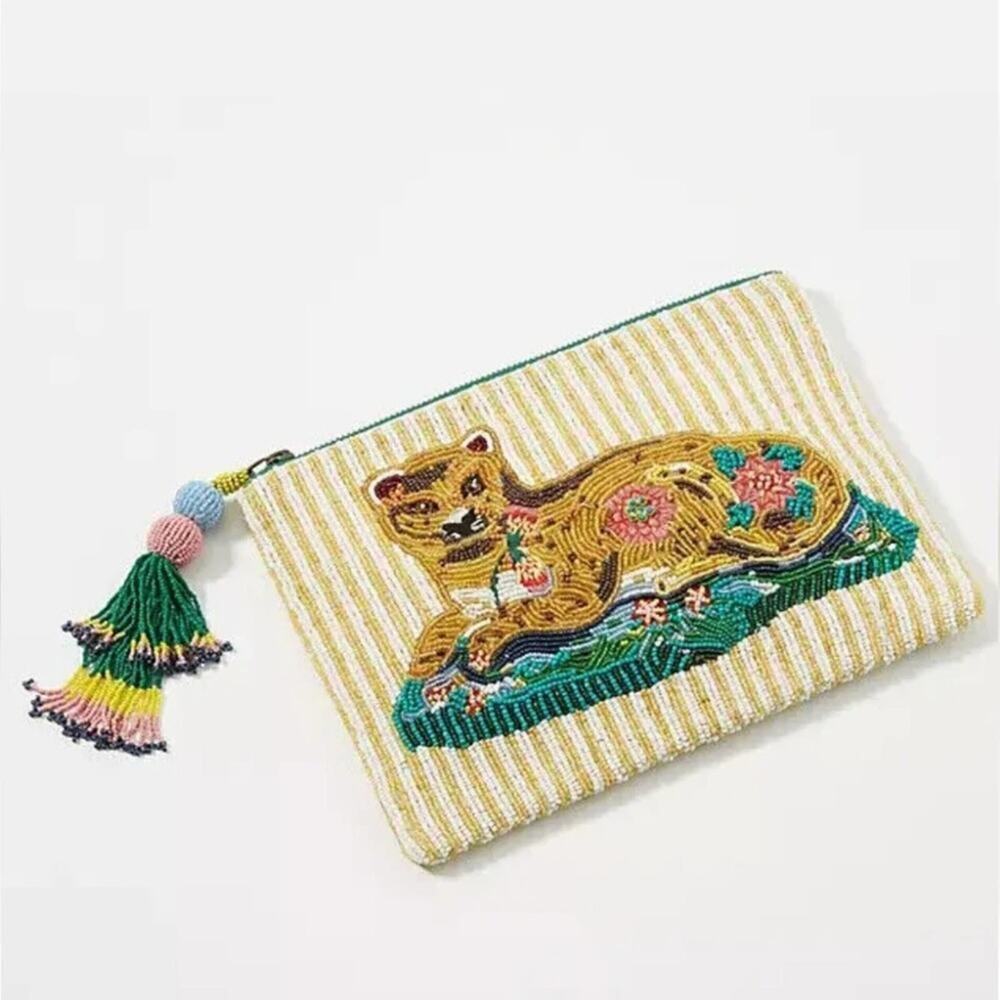 Anthropologie Nathalie Lete Leopard Beaded Embroidered‎ Pouch Clutch Purse New!!